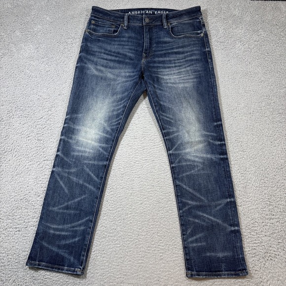 American Eagle Men's 34x30 AirFlex Slim Straight Denim Jeans Blue Whiskering - Picture 1 of 10